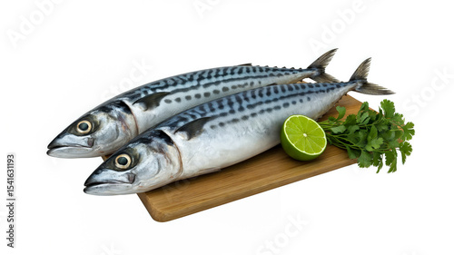 Raw saba mackerel on wooden board with fresh coriander and lime for culinary use and food preparation scene