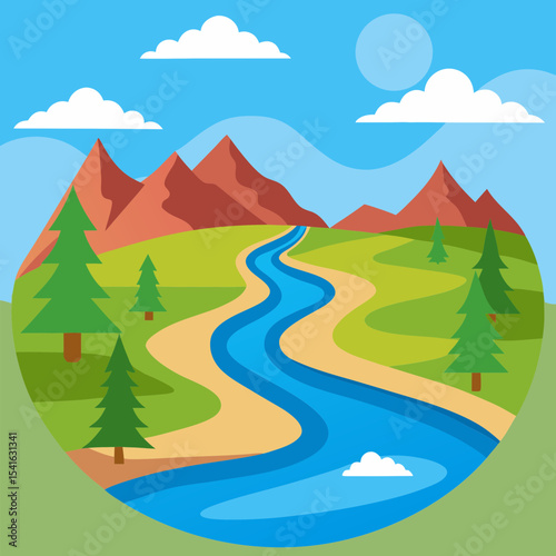 Vector illustration of a scenic mountain landscape with river and trees