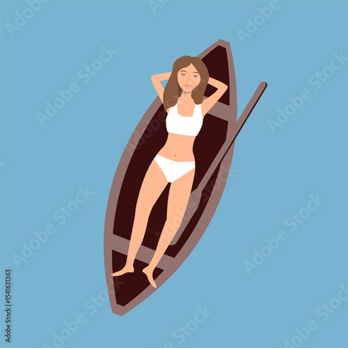 Top view of lying woman floating on the kayak at the deep blue lake. Aerial view of woman kayaking on the water. Resting and relaxing concept vector illustration.