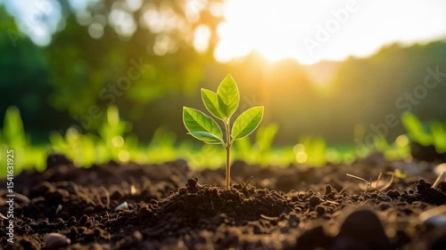 Tender green sprout emerging from the dark soil under the warm sunlight, a symbol of resilience and vibrant growth in nature.