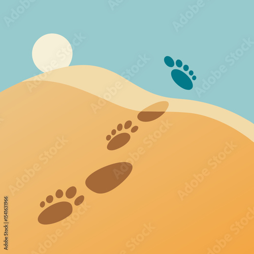 Whimsical Desert Adventure Following Footprints in the Sand Under a Gentle Sky