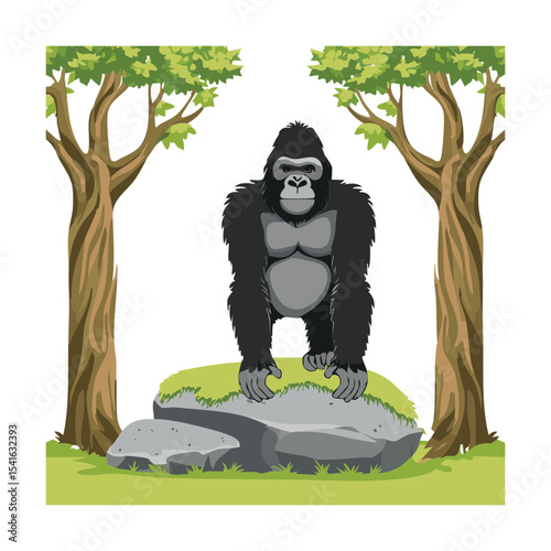 Gorilla Standing Tall on Forest Rock
