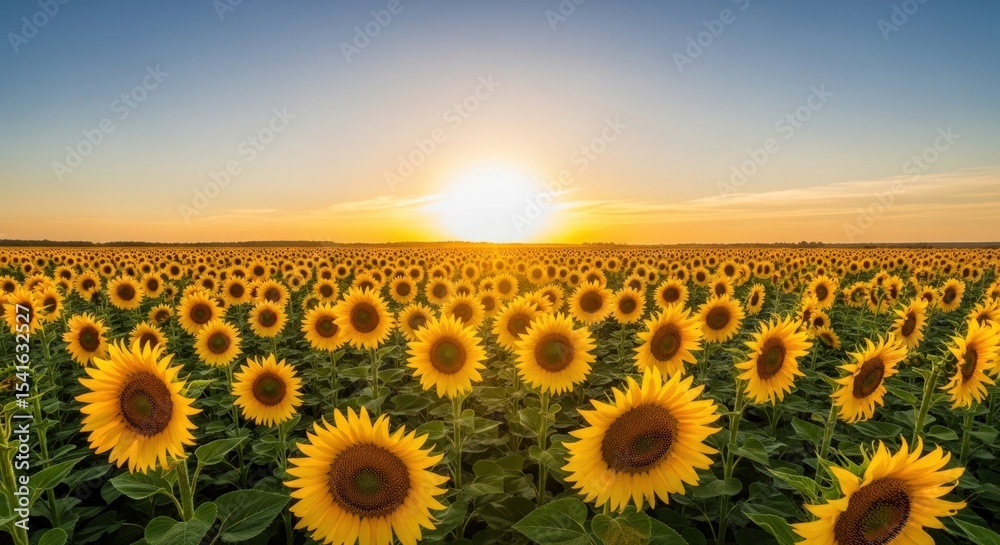 Fototapeta premium A vast sunflower field under a bright sun and clear blue sky at golden hour during the daytime scene