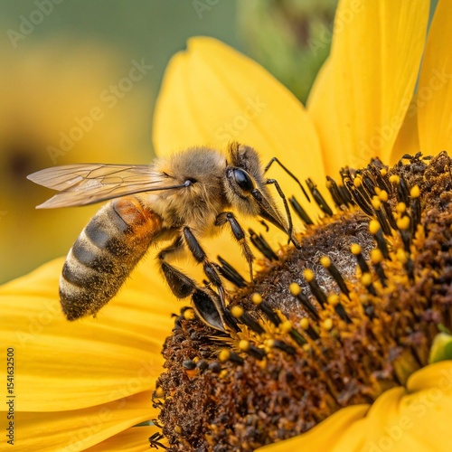 close up of honey bee pollinating on sunflower 