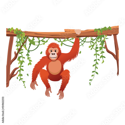 Orangutan Hanging on Vine in Jungle
