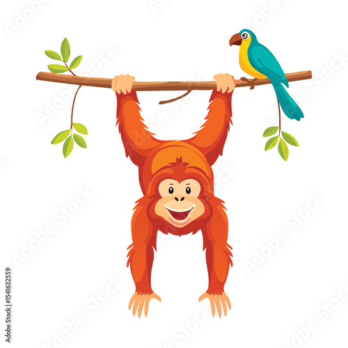 Orangutan Hanging with Blue Bird on Branch