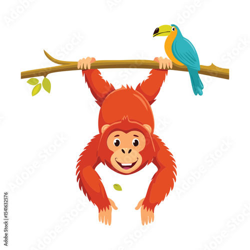 Orangutan Hanging with Bright Blue Bird
