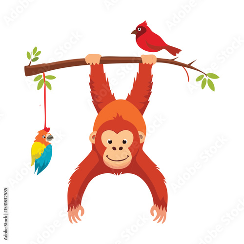 Orangutan Hanging with Exotic Birds Flowers