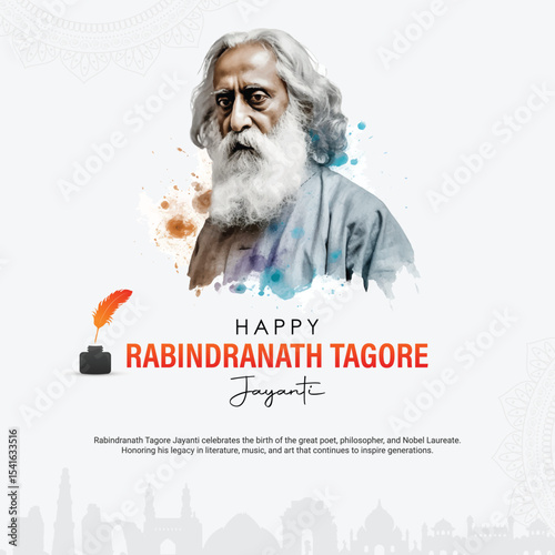 Rabindranath Tagore Jayanti Celebration Poster Design with Portrait Illustration – EPS Vector

