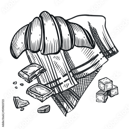 French Breakfast, croissant, chocolate slices on a cloth napkin, lump sugar. All objects are hand-drawn in vector. The illustration is suitable for printing in bakeries, menus, printing stores.