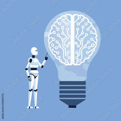 Artificial Intelligence Concept with Robot and Brain Light Bulb Illustrating Innovation and Technological Advancement in Robotics and Neural Networks