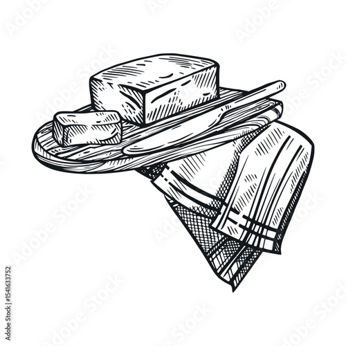 Butter on a wooden board with a table knife and a tea towel with a striped pattern. All objects are hand-drawn in vector. Suitable for printing on food packaging, store shelf design, farm shops.