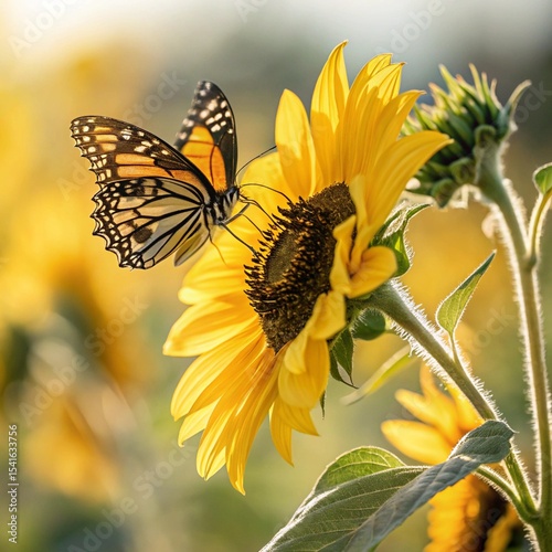 close up bright sunflower butterfly