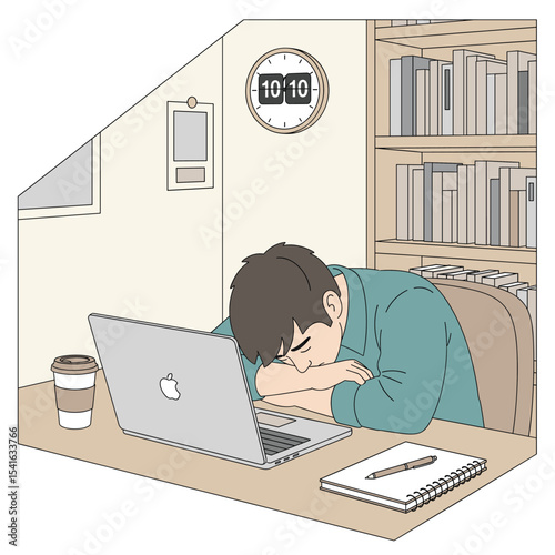 Overworked Employee Burnout in a Home Office.Hand drawn style vector design illustrations.