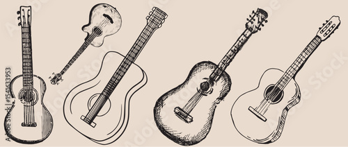 Vintage hand-drawn acoustic guitar illustration set in sketch style. A collection of different classical and folk guitar shapes.