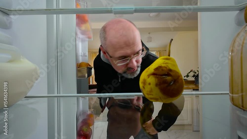 Man opening fridge, finding rotten pear, smelling it and grimacing in disgust, view from inside of fridge. Male adult feeling disappointed and grossed out. Guy reacting to bad smell while inspecting