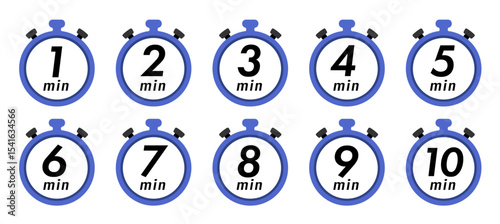 残り時間を表示するタイマー/ストップウォッチ/時計のアイコンイラストデザインセット(timer clock stopwatch 1min 2min 3min 4min 5min 6min 7min 8min 9min 10min 15min 20min 25min 30min 残り時間 シンプル アイコンイラスト ベクター 編集可能 青)