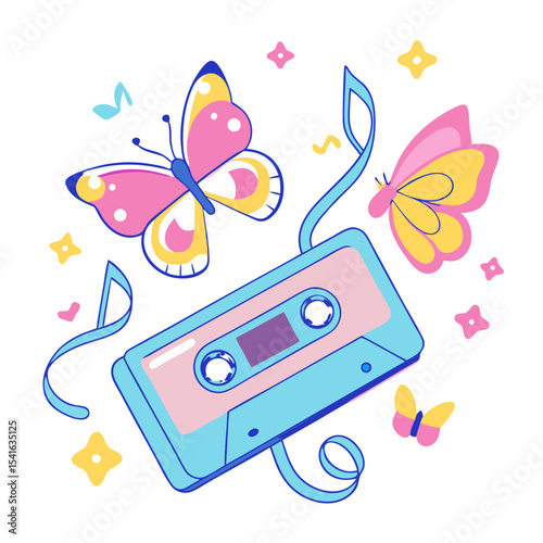 Nostalgic Cassette Tape with Butterflies and Music Notes - Retro Design Illustration