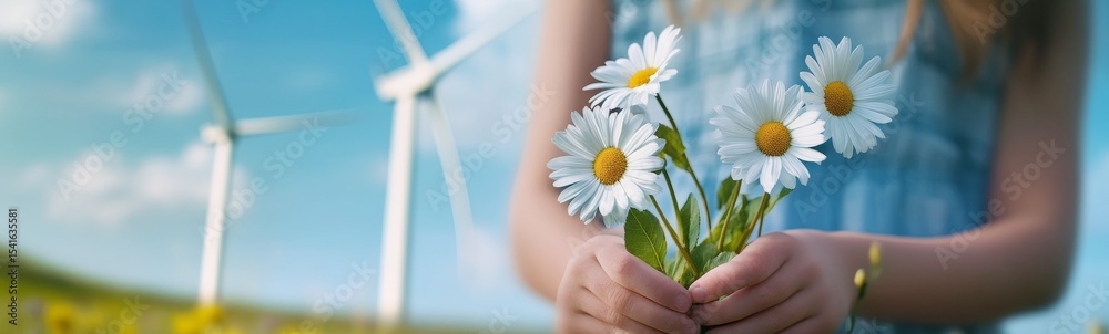 girl with a bouquet of daisies and a background of wind generators, clean energy concept girl with a bouquet of daisies and a background of wind generators, clean energy concept