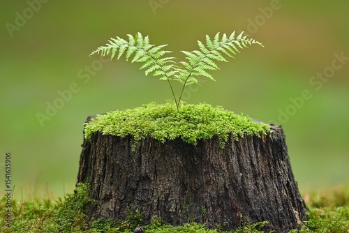Fern and moss growing on old tree stump in lush green forest with soft sunlight photo