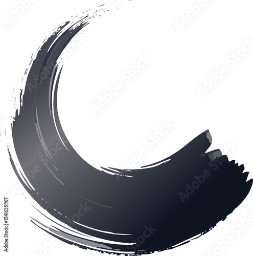 Vector brush stroke in bold black ink, dynamic and textured paintbrush effect, curved brush mark with rough edges, on white background, artistic Japanese sumi-e style