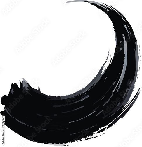 Vector brush stroke in bold black ink, dynamic and textured paintbrush effect, curved brush mark with rough edges, on white background, artistic Japanese sumi-e style