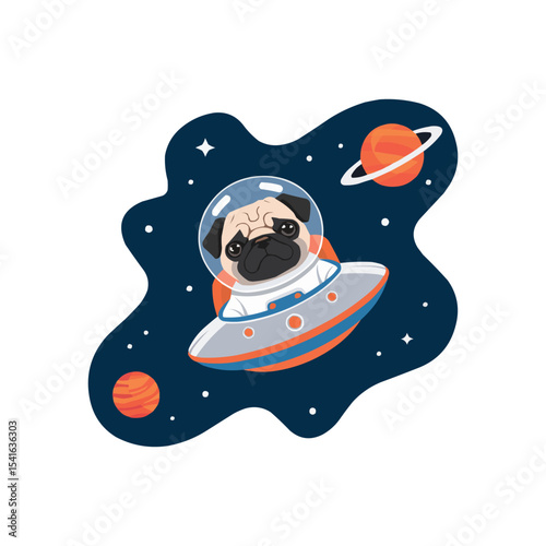Funny Pug Astronaut Floating in Space Vector Art
