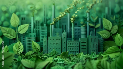 A vibrant green landscape where a city of factories and buildings is integrated with lush leaves, symbolizing sustainable industry and environmental protection.