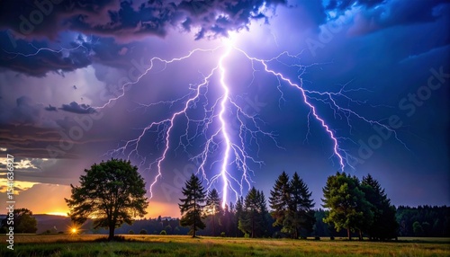 Dramatic Lightning Storm Over Field At Sunset