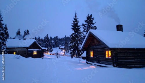 Snowy Village Scene At Night With Illuminated Wooden Cabins