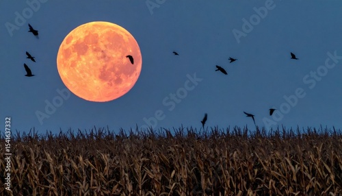 Full Orange Moon Over Cornfield At Sunset