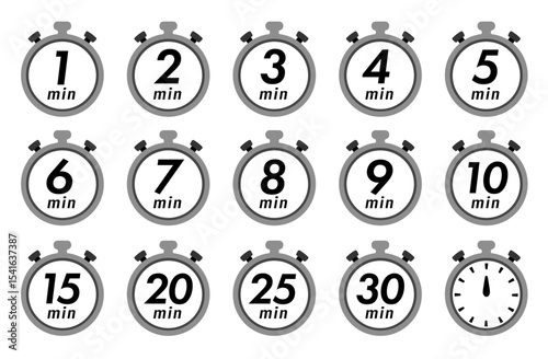 残り時間を表示するタイマー/ストップウォッチ/時計のアイコンイラストデザインセット(timer clock stopwatch 1min 2min 3min 4min 5min 6min 7min 8min 9min 10min 15min 20min 25min 30min 残り時間 シンプル アイコンイラスト ベクター 編集可能 モノクロ)