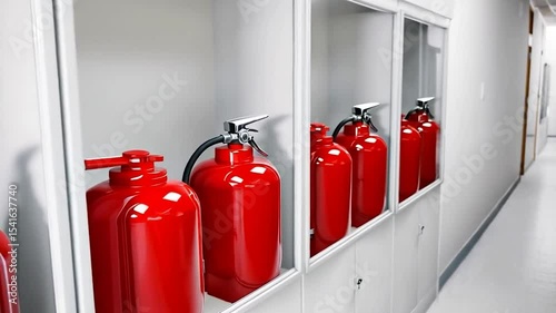 Wallpaper Mural Multiple red fire extinguishers in white display cabinets along a hallway Torontodigital.ca