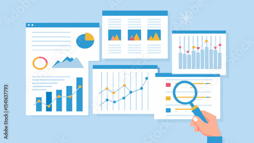 Data Analysis and Business Intelligence Concept with Charts Graphs and Magnifying Glass for Detailed Insights and Strategic Decision Making