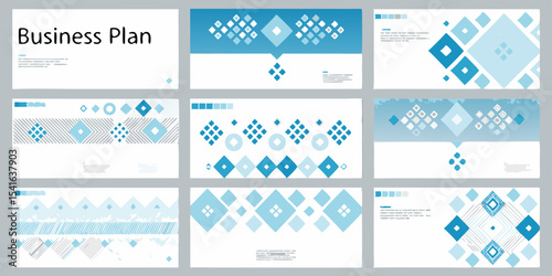 Modern Business Plan Presentation Template with Blue Diamond Shapes and Creative Design Elements for Corporate Use and Professional Communication