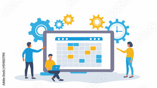 Teamwork on Project Management Schedule with Gears and Clock Business Planning and Time Management Illustration Flat Vector