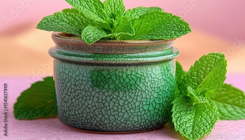 Fresh Mint Leaves In Ceramic Pot On Pink Background