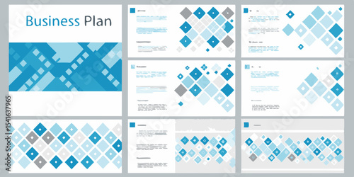 Business Plan Presentation Template with Blue Diamond Pattern and Text Layout for Corporate Strategy and Marketing