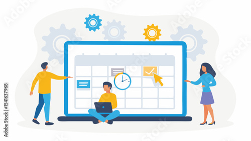 Teamwork and Scheduling People Collaborating on a Digital Calendar for Business Planning and Time Management Flat Vector Illustration
