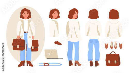 Businesswoman character design various views and poses front side back and parts for animation and illustration purposes vector art