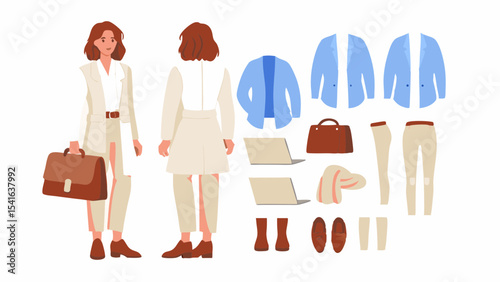 Businesswoman with wardrobe selection front and back view including blazers pants shoes laptop and briefcase for professional attire planning