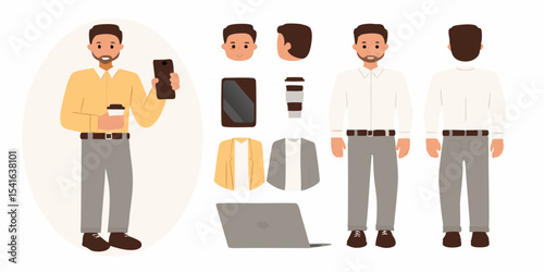 Man Character Creation Kit with Various Poses and Accessories Including Smartphone Laptop and Coffee Cup for Business and Casual Settings