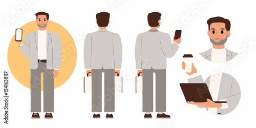 Business Man Character Set with Different Poses and Accessories Modern Flat Vector Illustration for Presentations and Design Projects