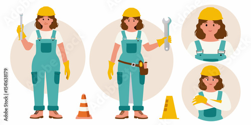 Female Construction Worker Character Set with Tools and Safety Equipment Including Wrench Hard Hat and Traffic Cones