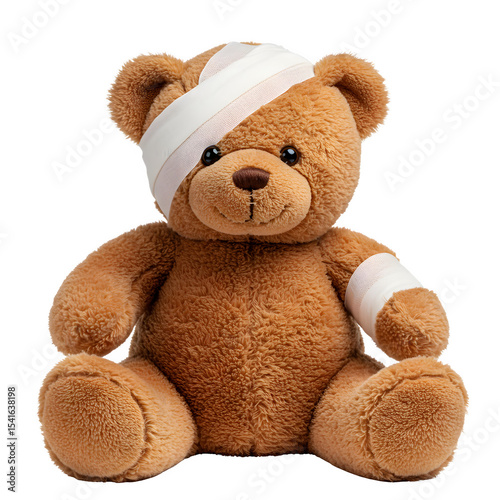 Stuffed teddy bear with bandages on head and arm sitting upright  