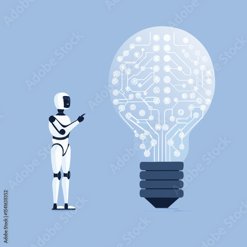 AI Robot Pointing at Lightbulb with Circuit Board Pattern Artificial Intelligence and Innovation Concept Future Technology