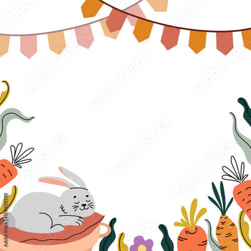 Cute flat vector frame with sleeping bunny, vegetables and festive element. Great for card, banner, invitation, seasonal print. Hand-drawn style, playful and bright design.