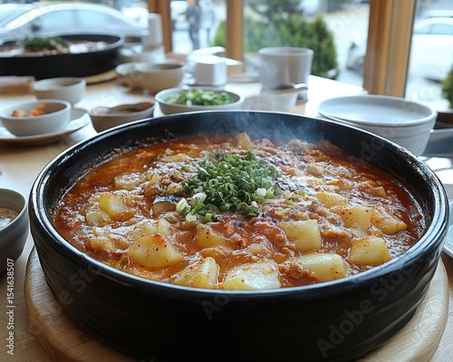 Stew With Potatoes And Meat In Round Dish On Wooden Table