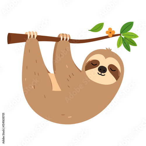 Sloth hangs from branch eyes closed orange flower  green leaves beside