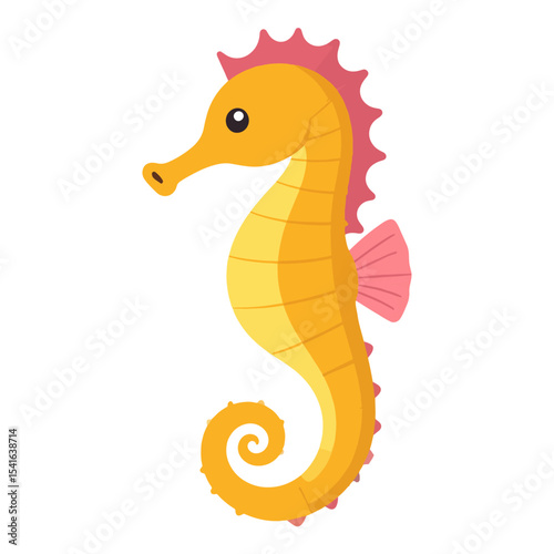 A golden seahorse with a pink mane and fin on a white background